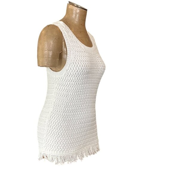 Max Studio White Basketweave Knit Fringed Hem Sleeveless Top Sz S #19096 - Picture 3 of 7